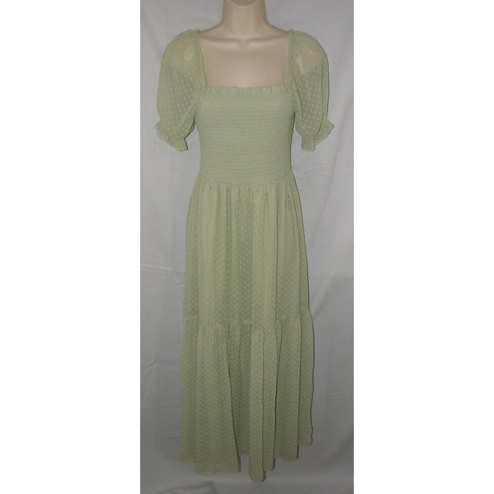 Green Swiss Dot Sz Small Smocked Tiered Lined Flowy Maxi Dress PATRONS OF PEACE